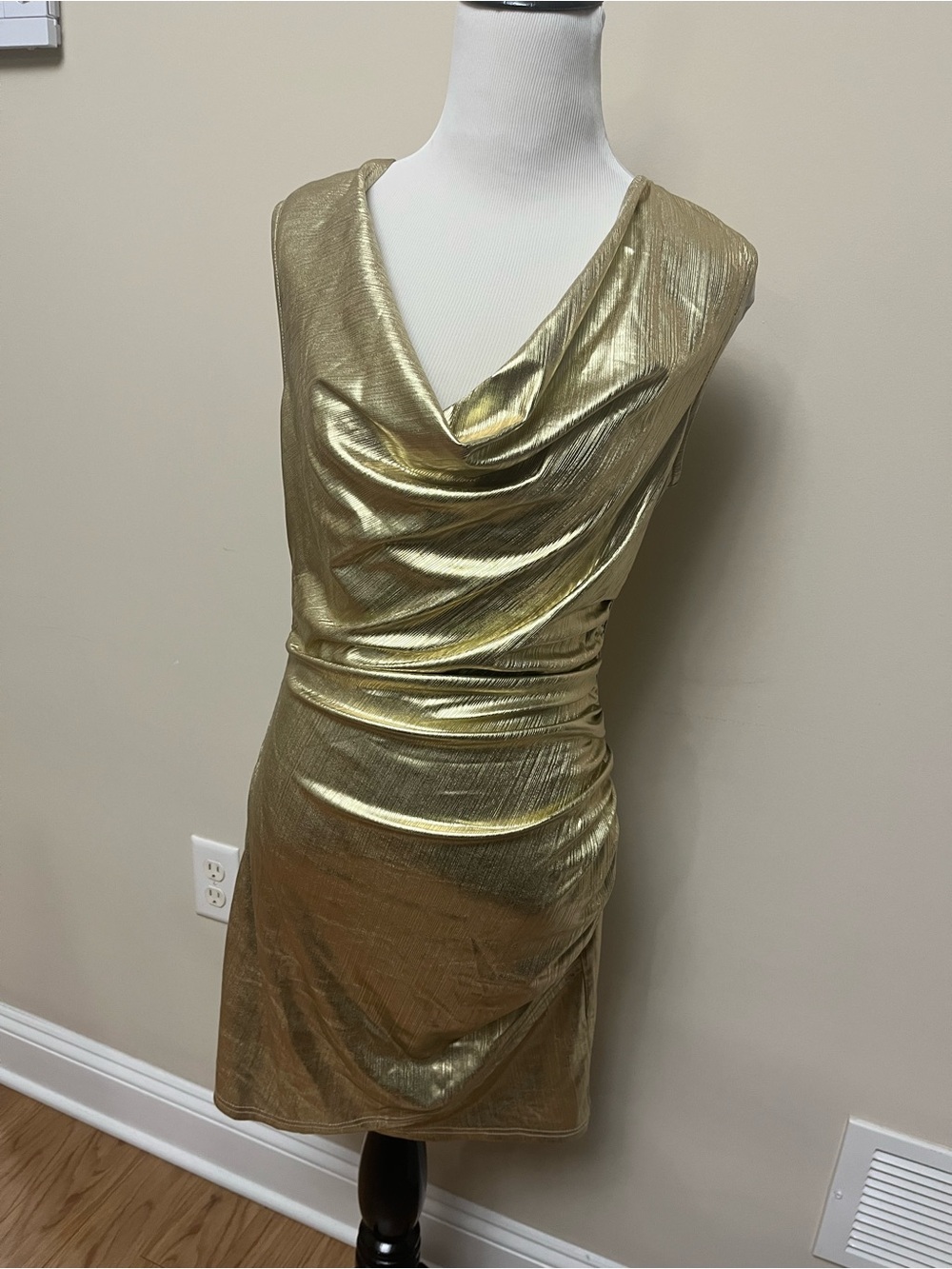 Metallic Gold Cowl Neck Mini Dress